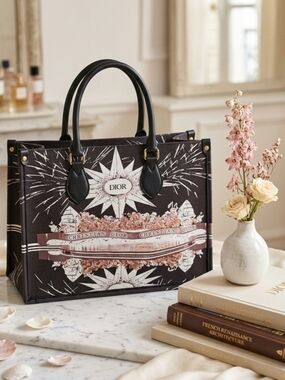 Black Tote with Pink and White Graphic Leather